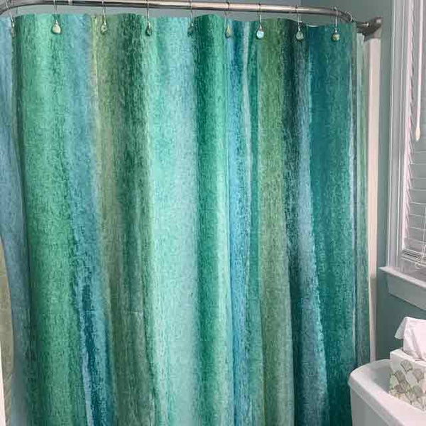 Emerald Green Watercolor Stripes Rich Briliant Color Fabric Shower Curtain