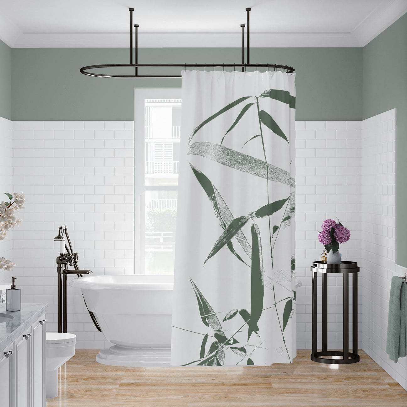 Green and White Bamboo Shower Curtain