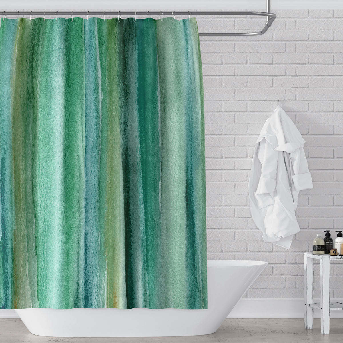 Emerald Green Watercolor Stripes Rich Briliant Color Fabric Shower Cur Metro Curtains