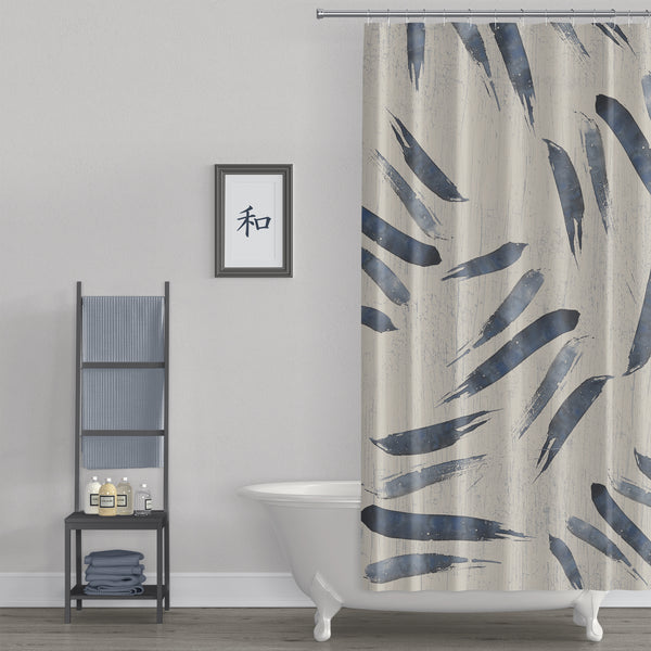 Indigo Blue Japanese Style Brush Stroke Shower Curtain - Metro Shower Curtains