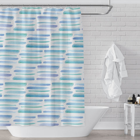 Light Blue Green & Teal Tropical Vibe Watercolor Brush Stroke Pattern Printed Fun / Mod Fabric Shower Curtain - Metro Shower Curtains