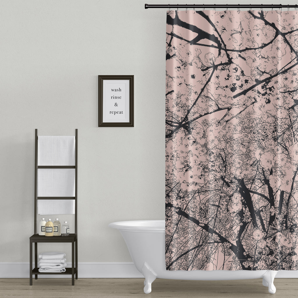 Bathroom Accessories Set Cherry Blossom Pink Black Shower Curtain