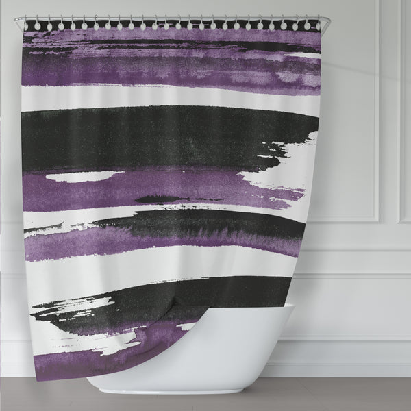 Bold Purple and Black Watercolor Stripes Mod Art Print Fabric Shower Curtain