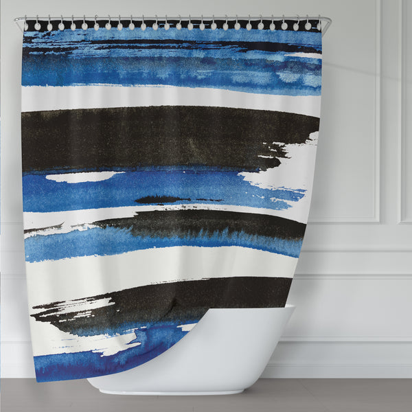 Bold Royal / Cobalt Blue and Black on White Giant Watercolor Stripes Fabric Shower Curtain