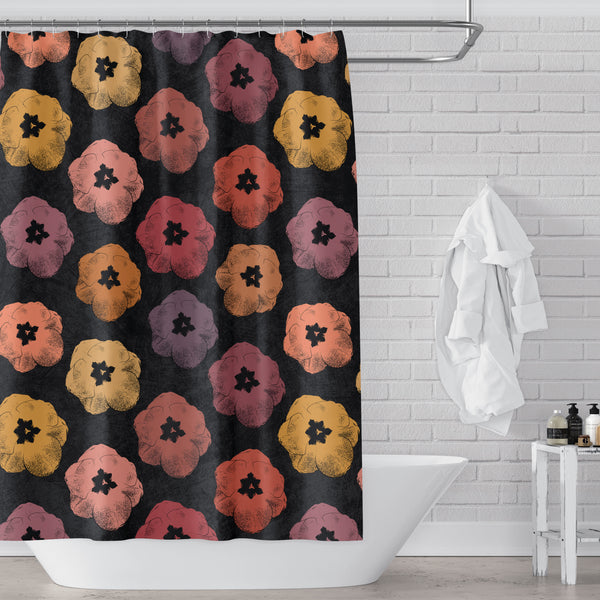 Floral Earth Tones: Poster-Style Tulips in Warm Shades of Orange and Red on Black Shower Curtain - Metro Shower Curtains