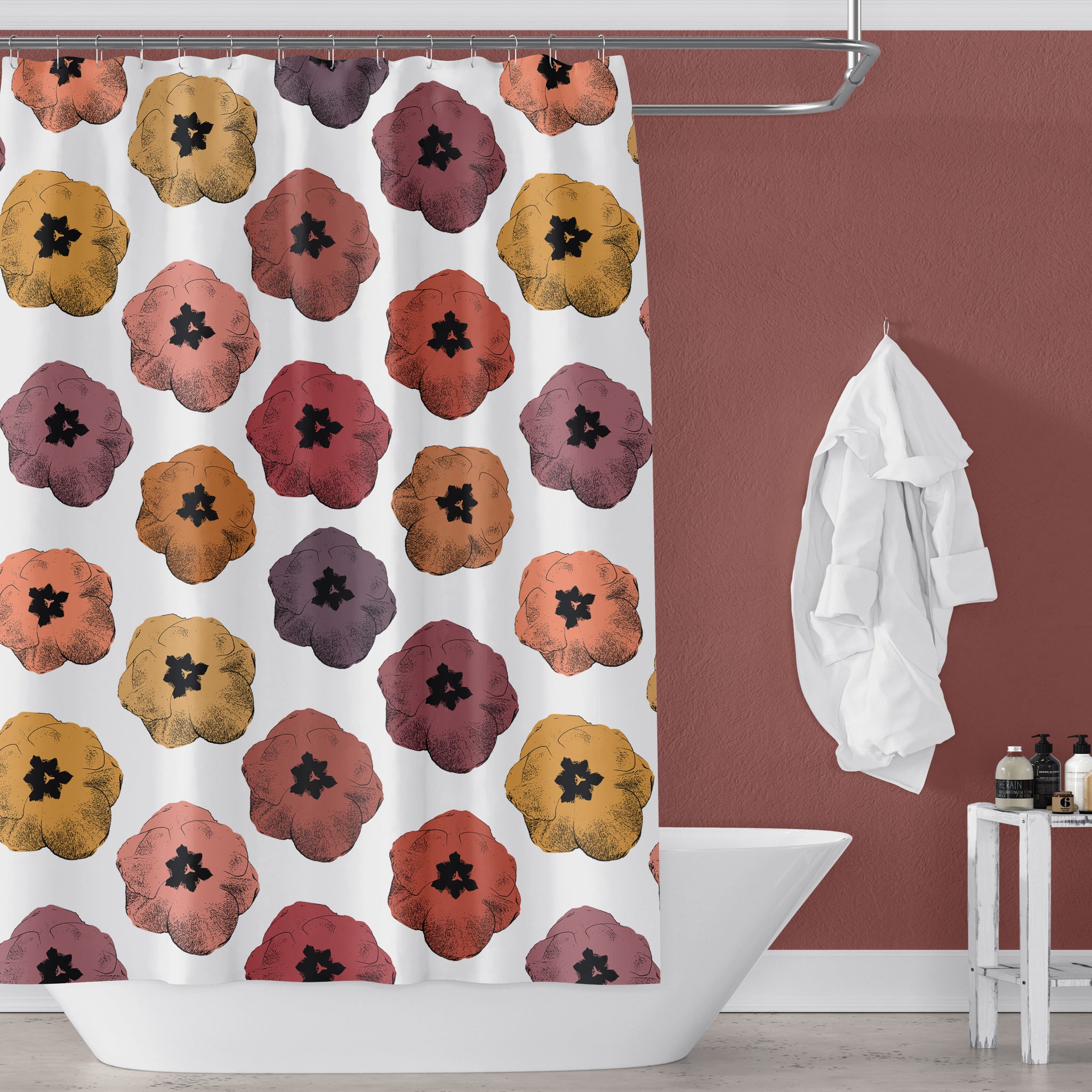 Retro Pop Art Tulip Print Shower Curtain in Reds, Oranges, Pinks, Yellows and Purples - Metro Shower Curtains
