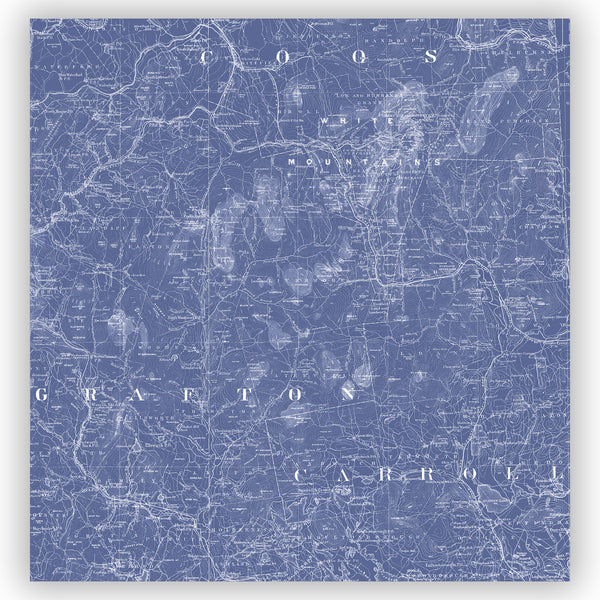 New Hampshire's White Mountain National Forest Vintage Railroad Map Shower Curtain, Blue and White for Ski or Lake House - Metro Shower Curtains